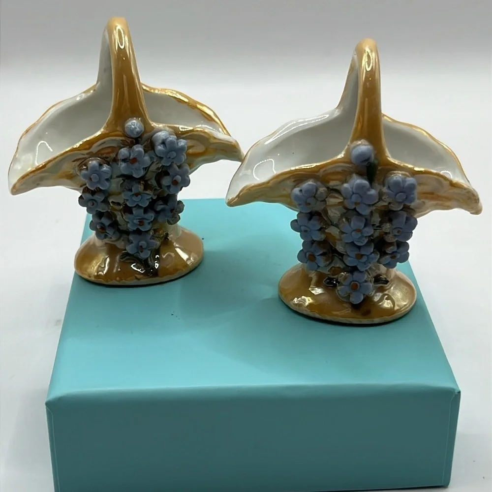 2 Vintage Elfinware Miniature Basket with Blue Flowers Made in Germany